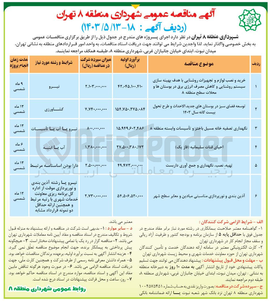 تصویر کوچک آگهی خرید و نصب لوازم و تجهیزات روشنایی باهدف بهینه سازی سیستم روشنایی و کاهش مصرف انرژی برق در بوستان ها و محلات سطح منطقه 8