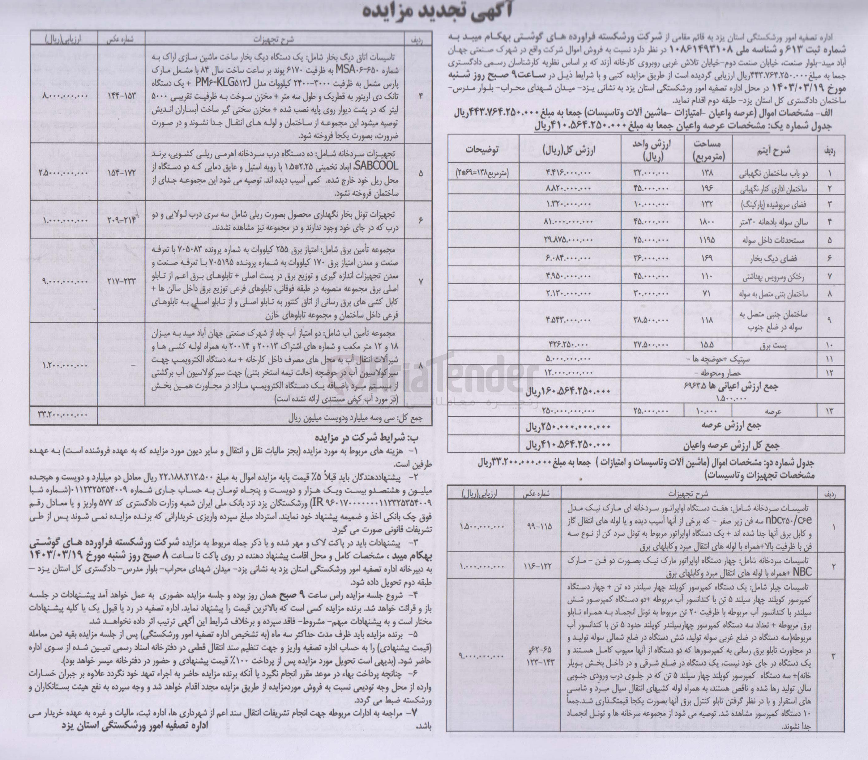 تصویر کوچک آگهی فروش اموال شرکت شامل عرصه و اعیان - امتیازات - ماشین آلات و تاسیسات) 