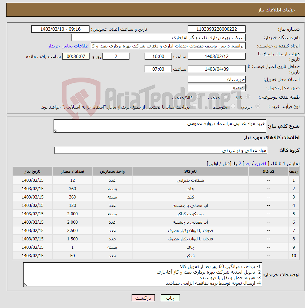 تصویر کوچک آگهی نیاز انتخاب تامین کننده-خرید مواد غذایی مراسمات روابط عمومی 