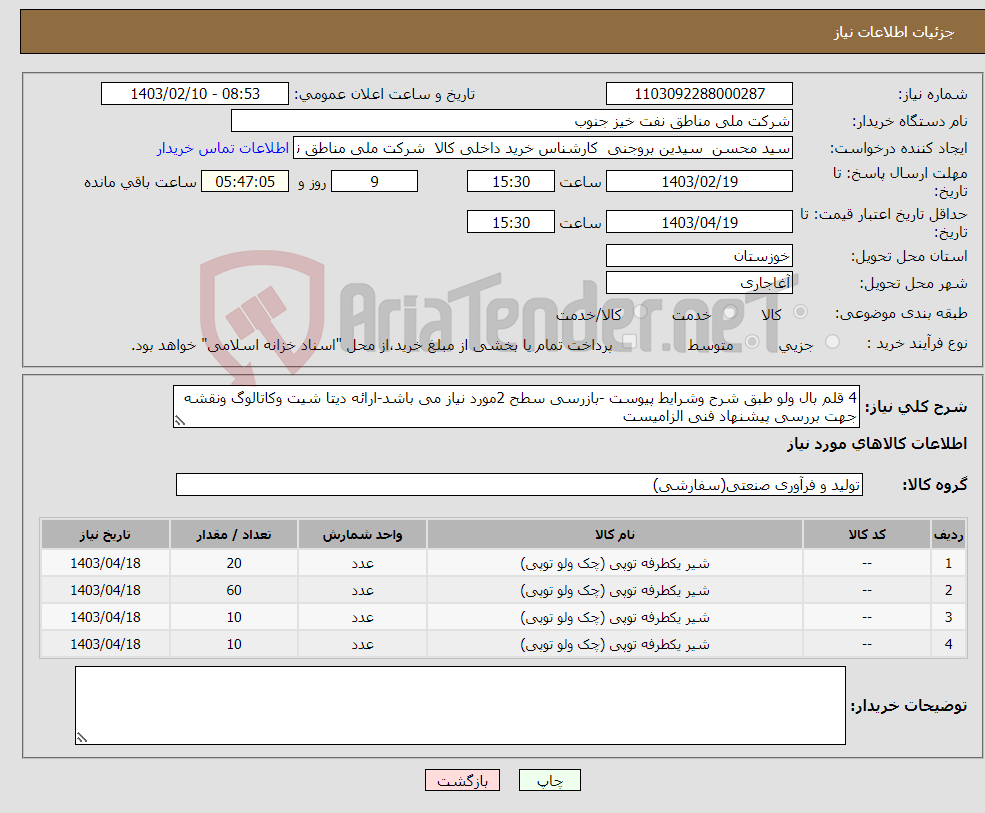 تصویر کوچک آگهی نیاز انتخاب تامین کننده-4 قلم بال ولو طبق شرح وشرایط پیوست -بازرسی سطح 2مورد نیاز می باشد-ارائه دیتا شیت وکاتالوگ ونقشه جهت بررسی پیشنهاد فنی الزامیست
