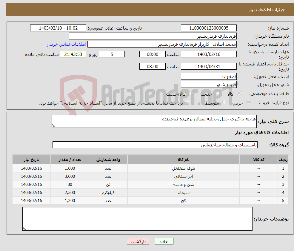 تصویر کوچک آگهی نیاز انتخاب تامین کننده-هزینه بارگیری حمل وتخلیه مصالح برعهده فروشنده