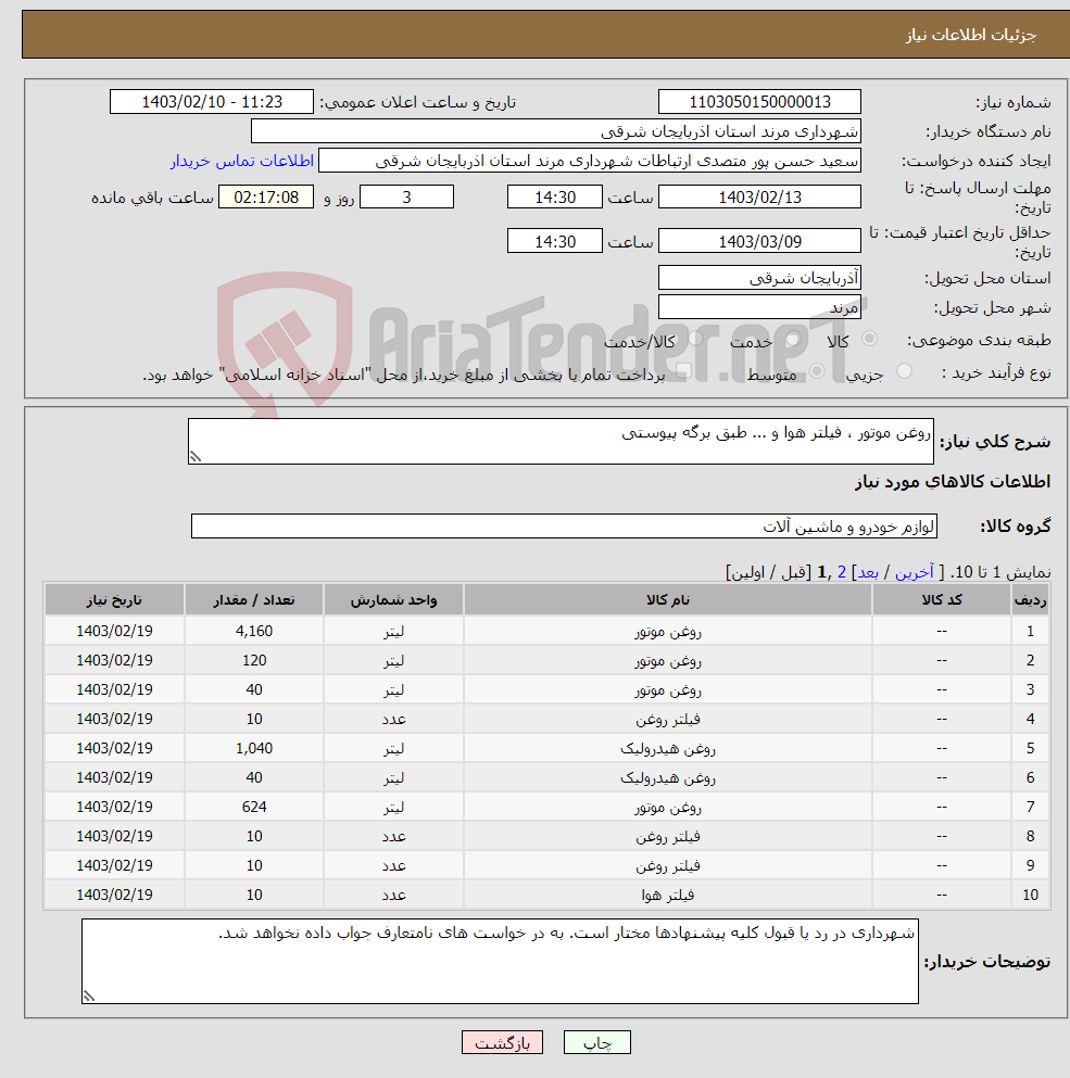 تصویر کوچک آگهی نیاز انتخاب تامین کننده-روغن موتور ، فیلتر هوا و ... طبق برگه پیوستی
