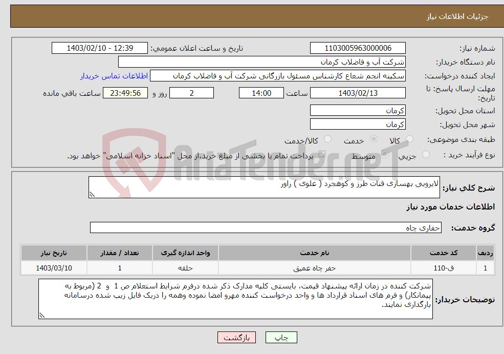 تصویر کوچک آگهی نیاز انتخاب تامین کننده-لایروبی بهسازی قنات طرز و کوهجرد ( علوی ) راور