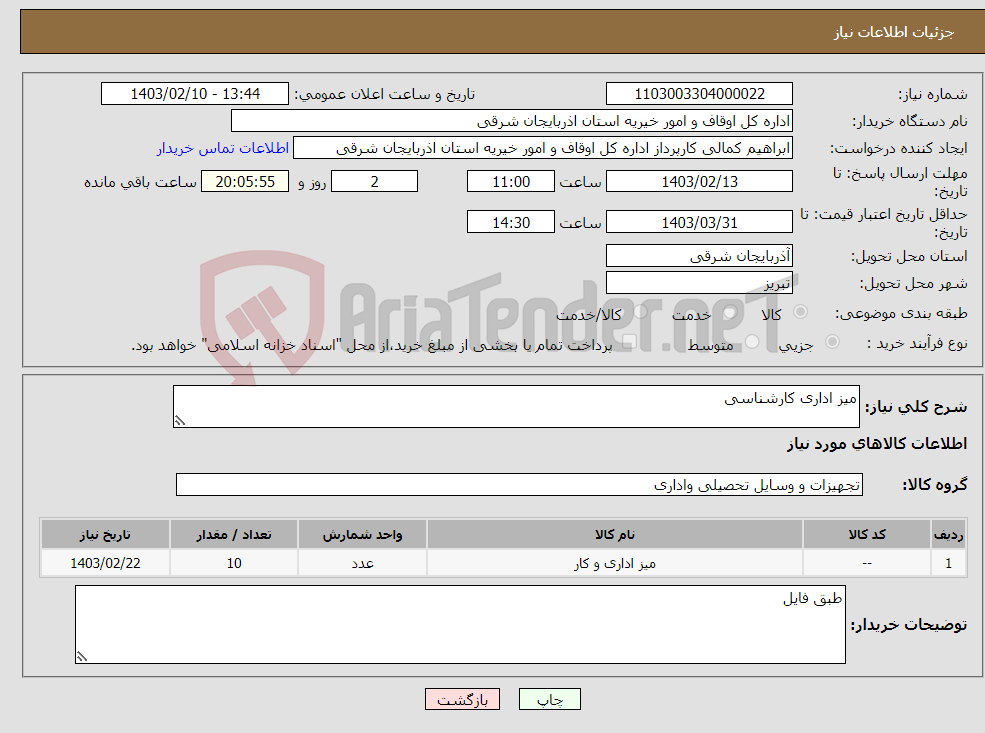 تصویر کوچک آگهی نیاز انتخاب تامین کننده-میز اداری کارشناسی