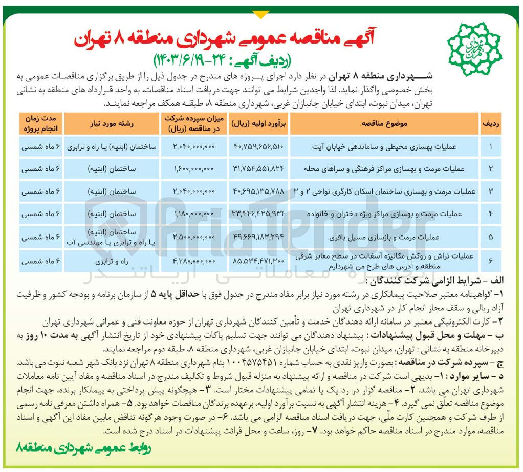 تصویر کوچک آگهی عملیات تراش و روکش مکانیزه آسفالت در سطح معابر شرقی منطقه و آدرس های طرح من شهردارم