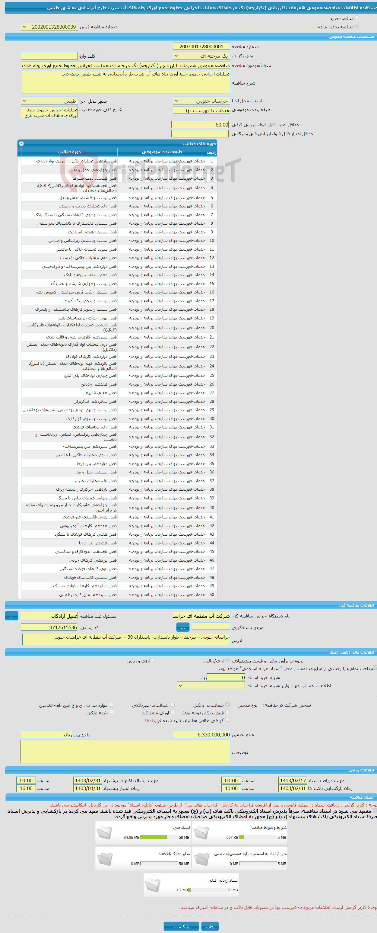تصویر کوچک آگهی مناقصه عمومی همزمان با ارزیابی (یکپارچه) یک مرحله ای عملیات اجرایی خطوط جمع آوری چاه های آب شرب طرح آبرسانی به شهر طبس