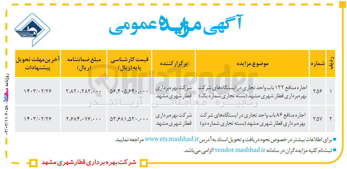 تصویر کوچک آگهی اجاره منافع 86 باب واحد تجاری در ایستگاه های شرکت بهره برداری قطار شهری مشهد بسته تجاری  شماره دو