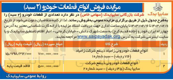 تصویر کوچک آگهی فروش انواع قطعات خودرو (2 سبد) 
1-انواع قطعات خودرویی زامیاد ذینفع 716 ردیف سبد شماره یک
2- انواع قطعاتت خودوریی دینفع شرکت سایپا یدک 145 ردیف سبد شماره 2
