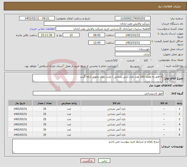 تصویر کوچک آگهی نیاز انتخاب تامین کننده-6 قلم به تعداد 160 عدد نازل آتش نشانی / مدت زمان تحویل ارائه گردد