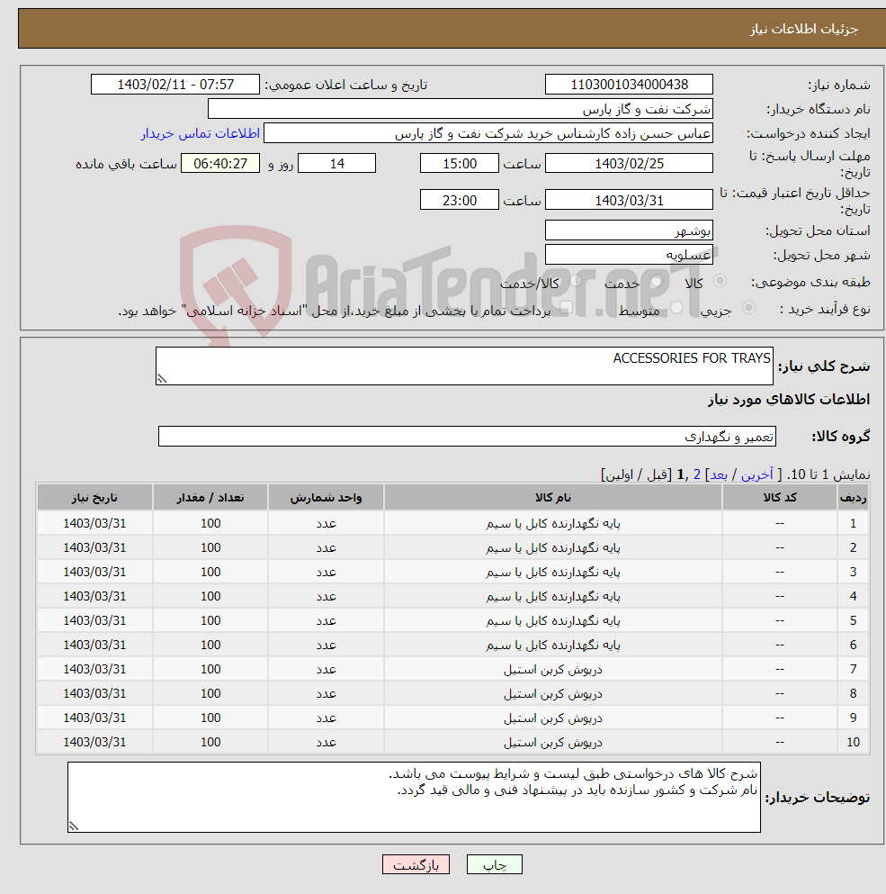 تصویر کوچک آگهی نیاز انتخاب تامین کننده-ACCESSORIES FOR TRAYS