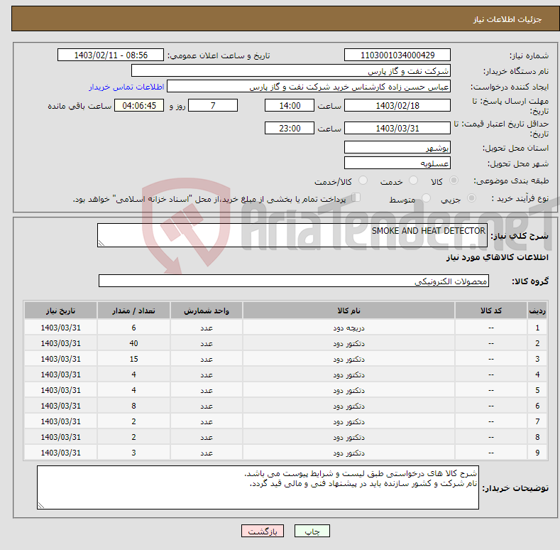 تصویر کوچک آگهی نیاز انتخاب تامین کننده-SMOKE AND HEAT DETECTOR