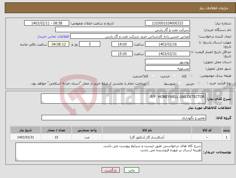 تصویر کوچک آگهی نیاز انتخاب تامین کننده-P/F HONEYWELL GAS DETECTOR