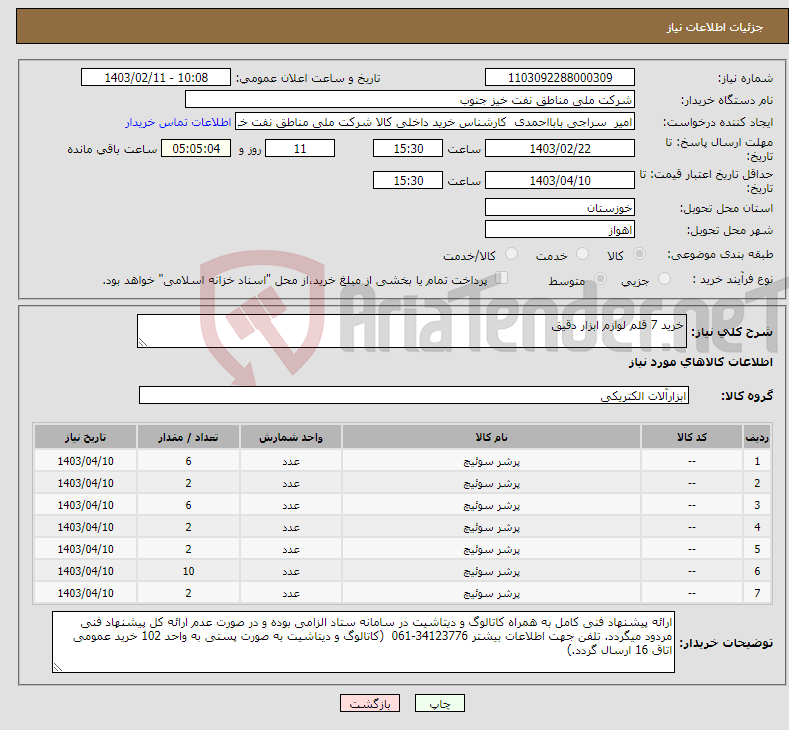 تصویر کوچک آگهی نیاز انتخاب تامین کننده-خرید 7 قلم لوازم ابزار دقیق 