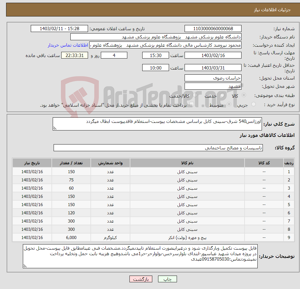 تصویر کوچک آگهی نیاز انتخاب تامین کننده-اورژانس540 شرق-سینی کابل براساس مشخصات پیوست-استعلام فاقدپیوست ابطال میگردد