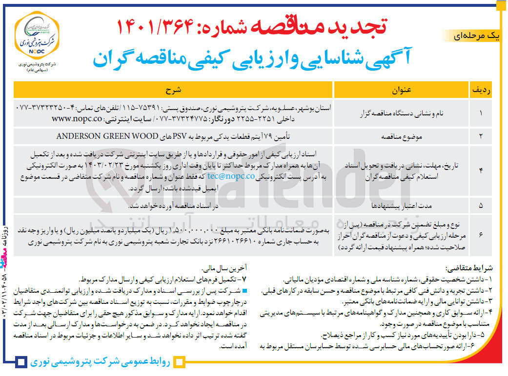 تصویر کوچک آگهی تامین 79 آیتم قطعات..