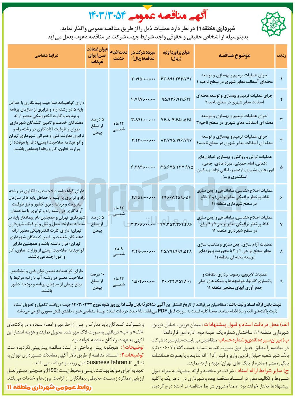 تصویر کوچک آگهی عملیات اصلاح هندسی، ساماندهی و ایمن سازی نقاط پرخطر ترافیکی معابر نواحی ۱ و ۳ واقع در سطح شهرداری منطقه ۱۱
