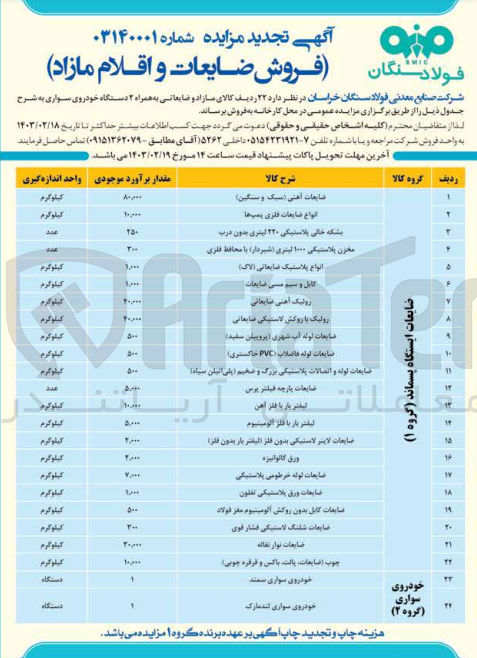 تصویر کوچک آگهی فروش  ۲۲ ردیف کالای مازاد و ضایعاتی به همراه ۲ دستگاه خودروی سواری