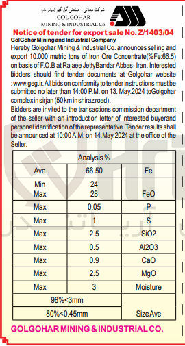 تصویر کوچک آگهی Hereby Golgohar Mining & Industrial Co. announces selling and export 10.000 metric tons of Iron Ore Concentrate (%Fe:66.5) on basis of F.O.B at Rajaee JettyBandar Abbas- Iran. Interested bidders should find tender documents at Golgohar website | :www.geg.ir.All bids on conformity to tender instructions must be submitted no later than 14:00 P.M. on 13. May.2024 toGolgohar complex in sirjan (50 km in shiraz road).
