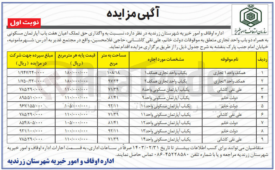 تصویر کوچک آگهی واگذاری حق تملک اعیان هفت باب آپارتمان مسکونی به همراه دو باب واحد تجاری : در 9 ردیف