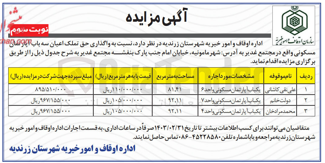 تصویر کوچک آگهی واگذاری حق تملک اعیان سه باب آپارتمان مسکونی در 3 ردیف 