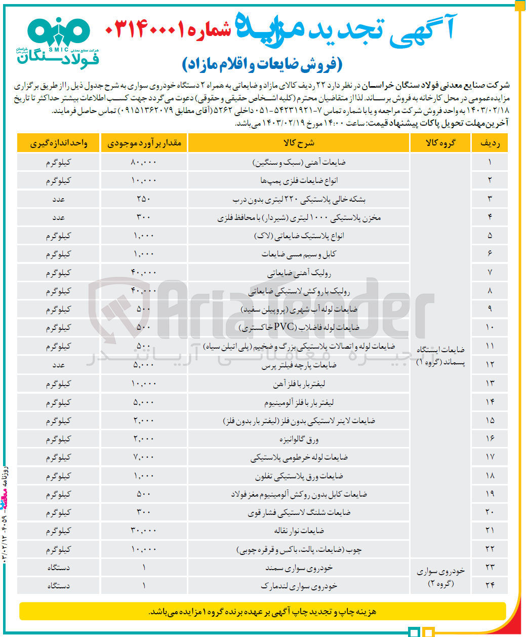 تصویر کوچک آگهی فروش ضایعات و اقلام مازاد در 24 ردیف شامل : 22 ردیف کالای مازاد و ضایعاتی به همراه 2 دستگاه خودروی سواری : 
ضایعات آهنی (سبک و سنگین) - انواع ضایعات فلزی پمپ ها - بشکه خالی پلاستیکی 220 لیتری بدون درب - مخزن پلاستیک 1000 لیتری (شیردار) با محافظ فلزی - انواع پلاستیک ضایعاتی (لاک) - کابل و سیم مسی ضایعات - رولیک آهنی ضایعاتی - رولیک با روکش لاستیک ضایعاتی - ضایعات لوله آب شهری (پروپیلن سفید) - ...