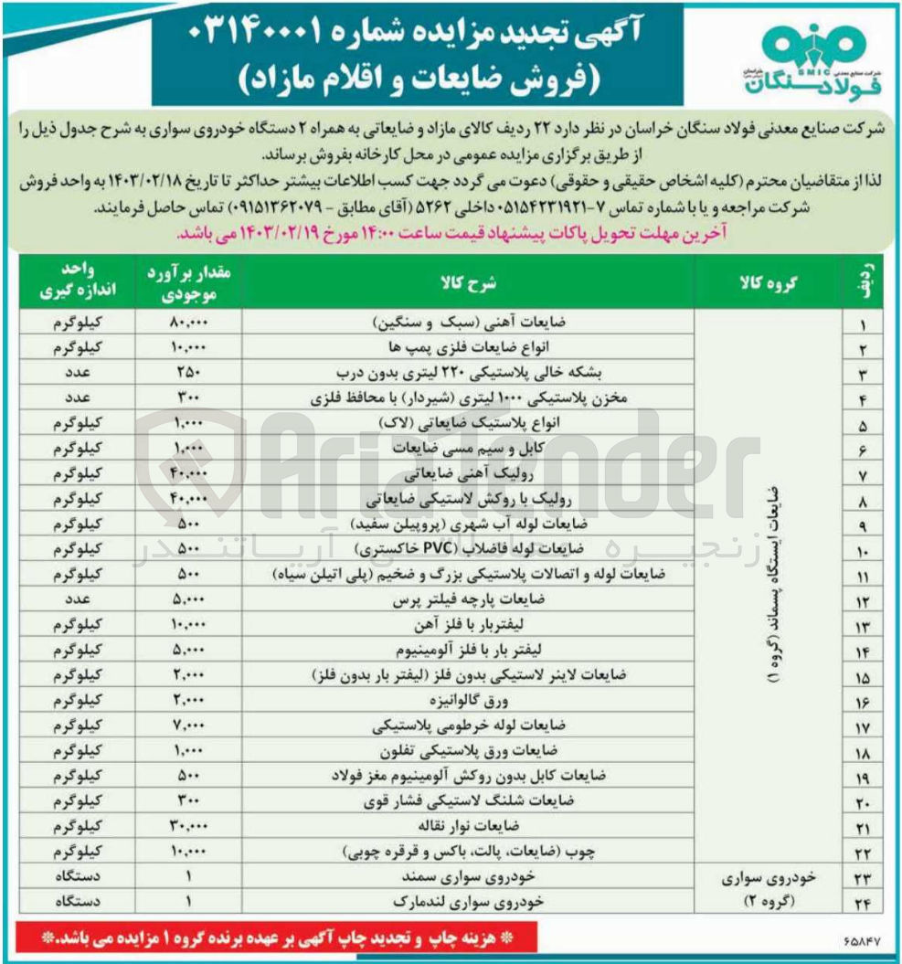 تصویر کوچک آگهی فروش 22 ردیف کالای مازاد و ضایعات به همراه 2 دستگاه خودروی سواری