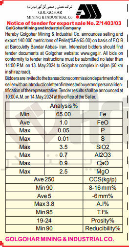 تصویر کوچک آگهی selling and expart 140.000 metric tons of pellet (Fe% :65.00)