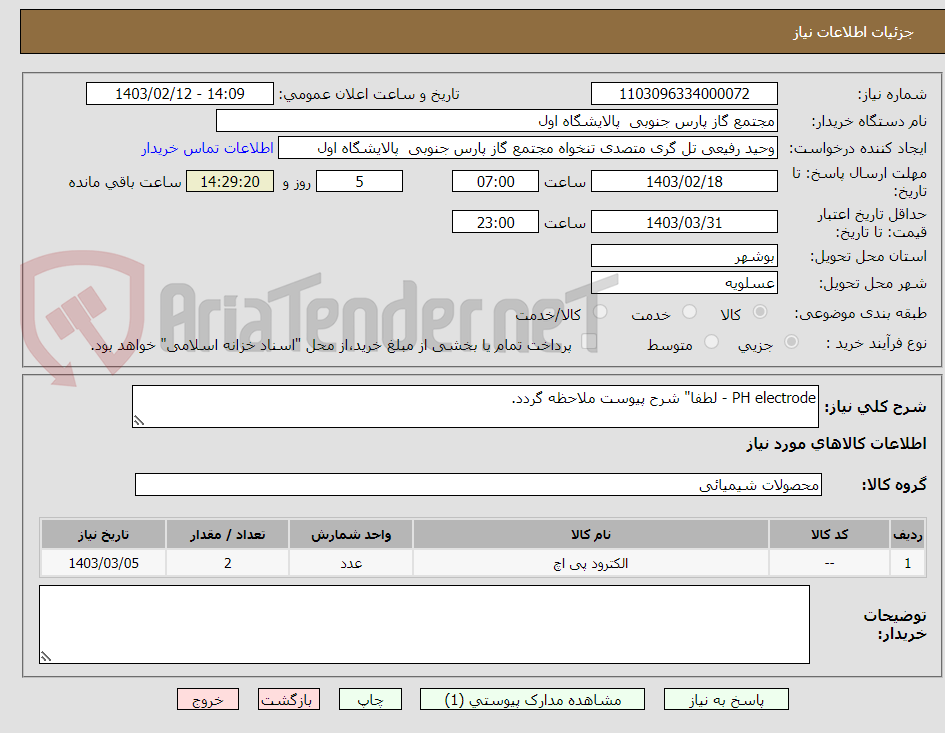 تصویر کوچک آگهی PH electrode - لطفا" شرح پیوست ملاحظه گردد.