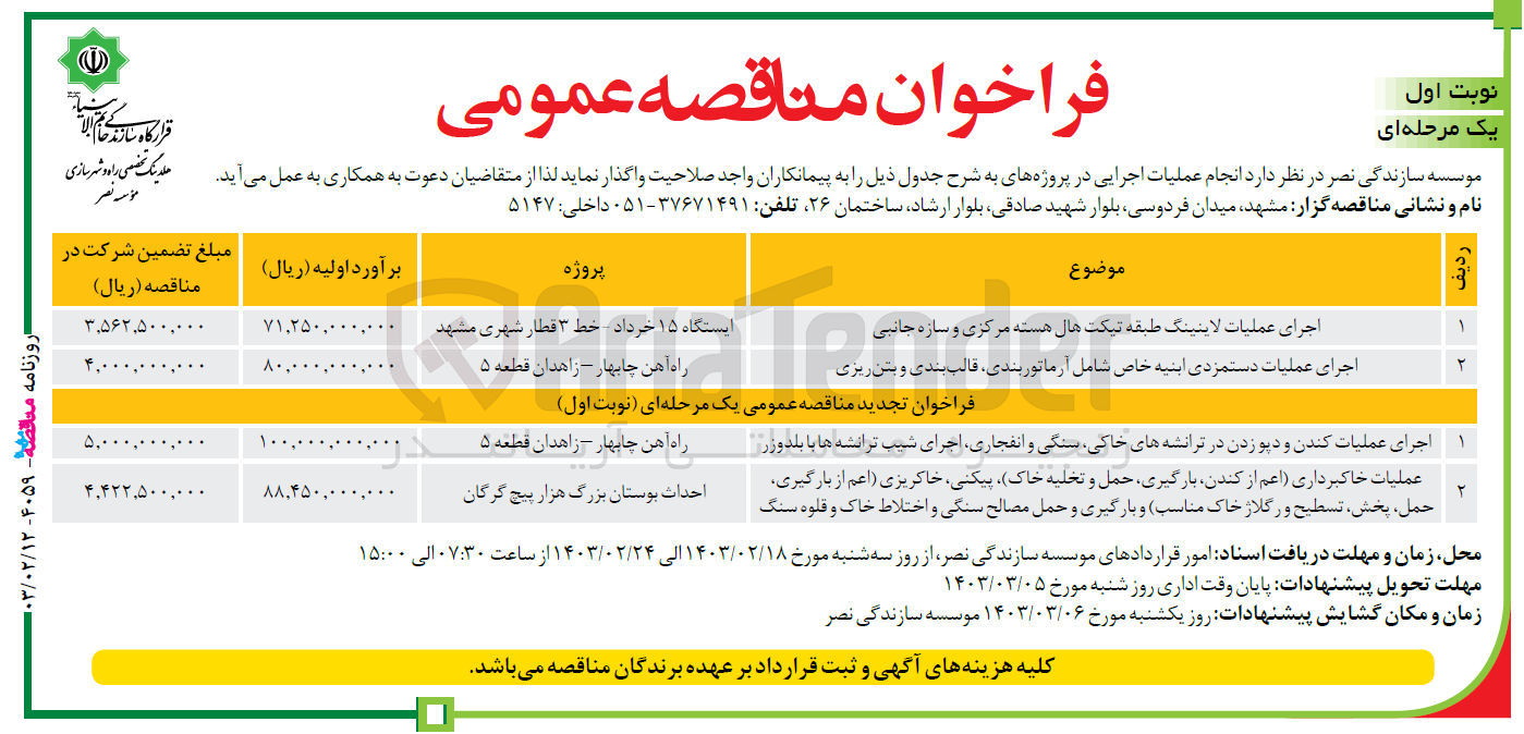تصویر کوچک آگهی عملیات خاکبرداری اعم از کندن، بارگیری، حمل و تخلیه خاک) پیکنی ،  خاکریزی (اعم از بارگیری، حمل، تسطیح و رگلاژ خاک مناسب) و بارگیری و حمل مصالح سنگی و اختلاط خاک و قلوه سنگ :