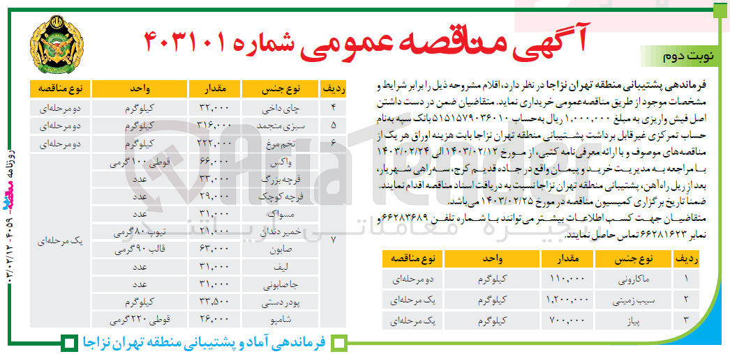 تصویر کوچک آگهی خریداری اقلام در 7ردیف شامل :ماکارونی -سیب زمینی -پیاز-چای داخی -شامپو-لیف - جاصابونی - پودر دستی - شامپو 