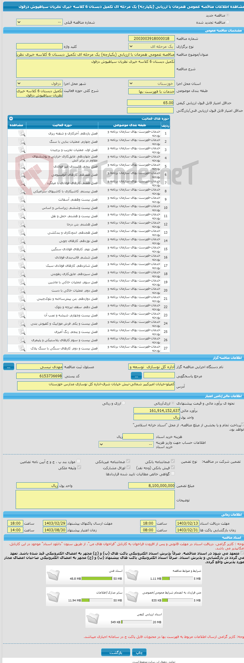تصویر کوچک آگهی مناقصه عمومی همزمان با ارزیابی (یکپارچه) یک مرحله ای تکمیل دبستان 6 کلاسه خیری نظریان سیاهپوش دزفول