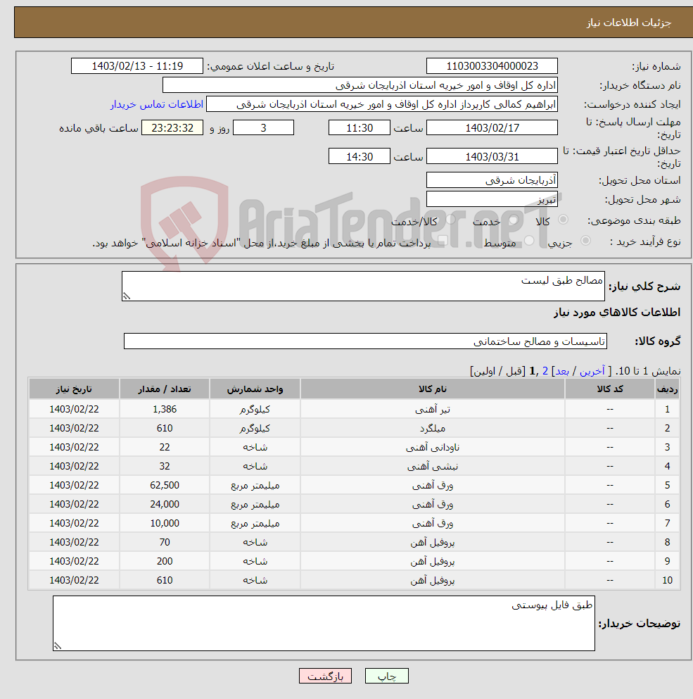 تصویر کوچک آگهی نیاز انتخاب تامین کننده-مصالح طبق لیست