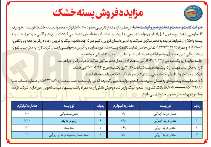 تصویر کوچک آگهی فروش حدود 50،300 کیلوگرم محصول پسته خشک تولیدی خود رقم کله قوچی 