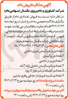 تصویر کوچک آگهی فروش تعدادی دام :
۱- تعدادی بز غیر آبستن شیری داشتی
۲- تعدادی بزآبستن
3- تعدادی بزنر داشتی
۴- تعدادی تلیسه آبستن داشتی پایه ۳ ماه 
5- تعدادی گوساله نر شیر خوار ۱۵ روزه
۶- تعدادی تلیسه غیر باردار حذفی و فری مارتین