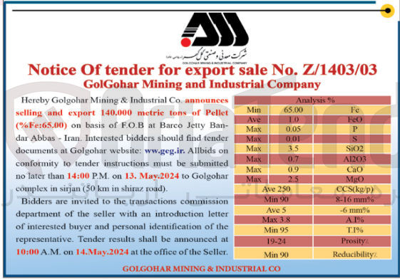 تصویر کوچک آگهی announces selling and export 140.000 metric tons of Pellet (%Fe:65.00)
