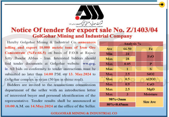تصویر کوچک آگهی announces selling and export 10.000 metric tons of Iron Ore Concentrate (%Fe:66.5) 