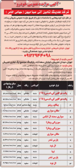 تصویر کوچک آگهی فروش خودروها در 13 ردیف شامل وانت دو کابین کی ام سی - پیکاب رونیز - مگان سواری - سواری سمند ال ایکس - سوزوکی ویتارا - ال نود - تیبا - پاس تندر - ال نود