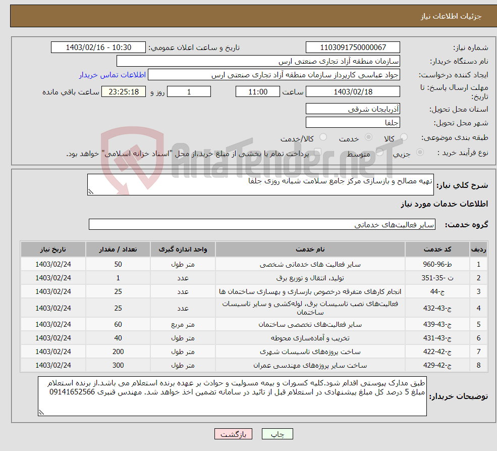 تصویر کوچک آگهی نیاز انتخاب تامین کننده-تهیه مصالح و بازسازی مرکز جامع سلامت شبانه روزی جلفا