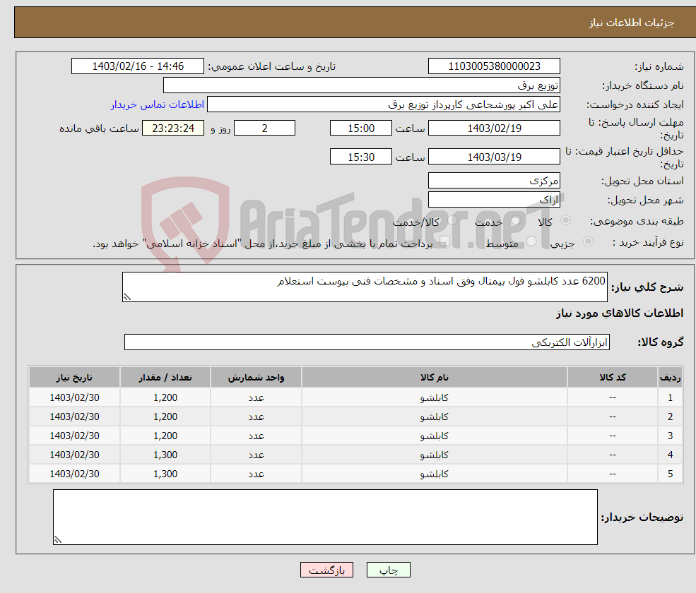 تصویر کوچک آگهی نیاز انتخاب تامین کننده-6200 عدد کابلشو فول بیمتال وفق اسناد و مشخصات فنی پیوست استعلام 