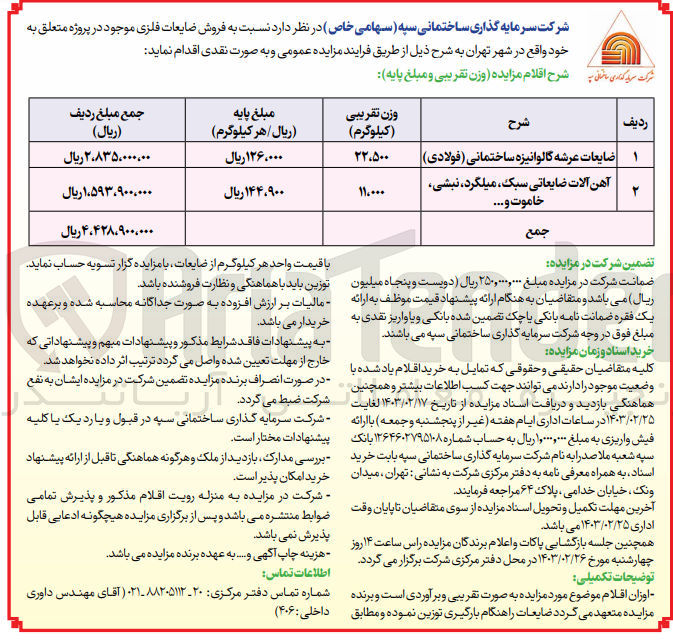 تصویر کوچک آگهی فروش ضایعات فلزی در 2 ردیف شامل ضایعات عرشه گالوانیزه ساختمانی (فولادی) و آهن آلات ضایعاتی سبک، میلگرد، نبشی ، خاموت و ...