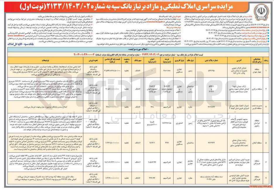 تصویر کوچک آگهی فروش املاک تملیکی و مازاد با کاربری تجاری، مسکونی، کشاورزی در 7 ردیف