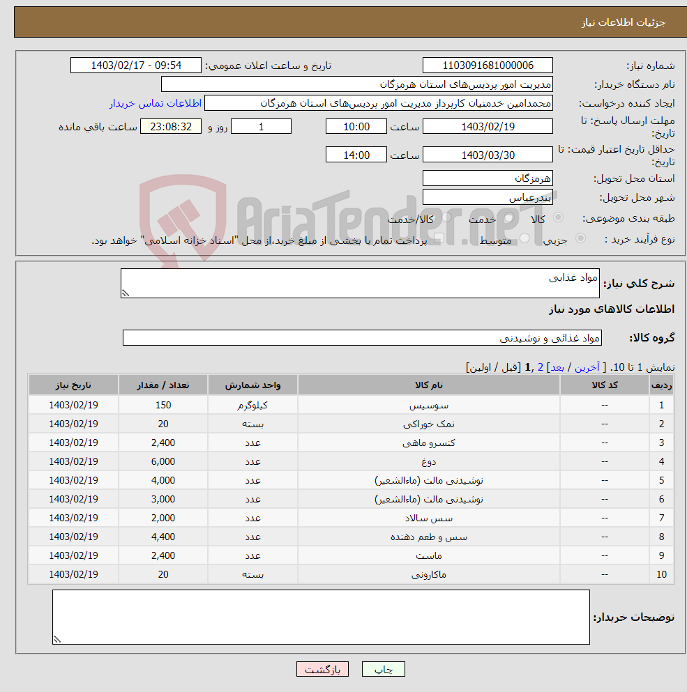 تصویر کوچک آگهی نیاز انتخاب تامین کننده-مواد غذایی