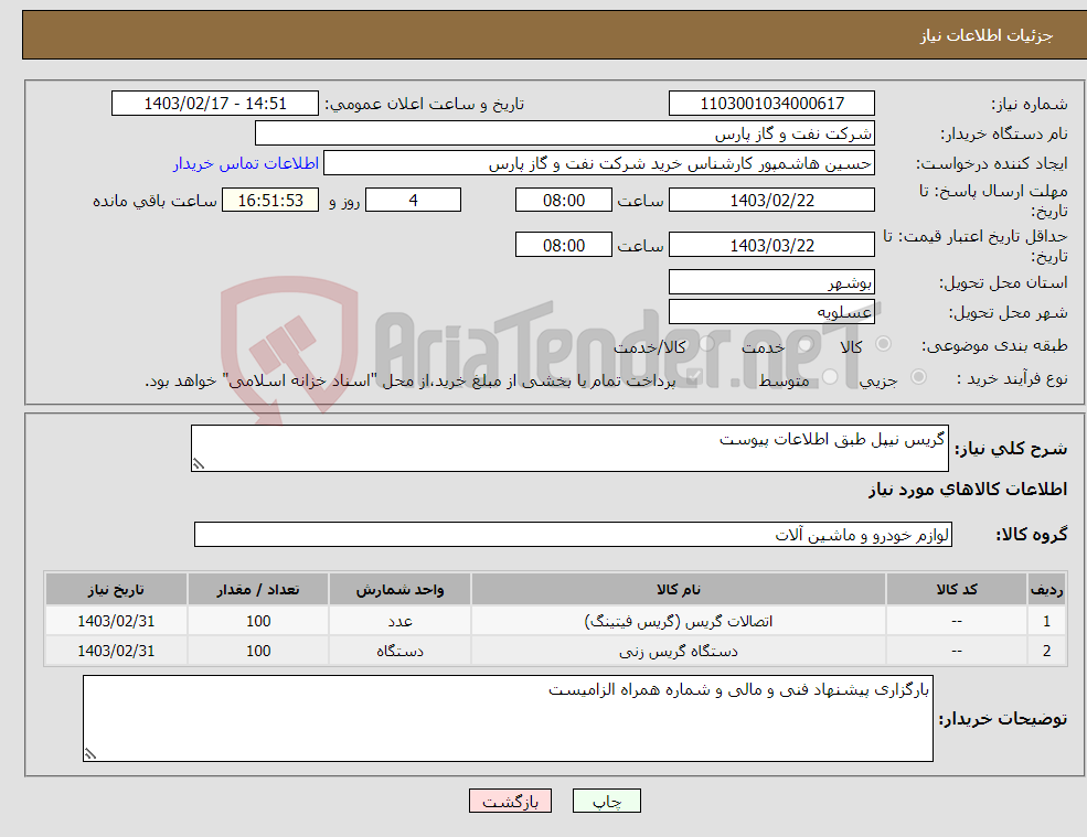 تصویر کوچک آگهی نیاز انتخاب تامین کننده-گریس نیپل طبق اطلاعات پیوست