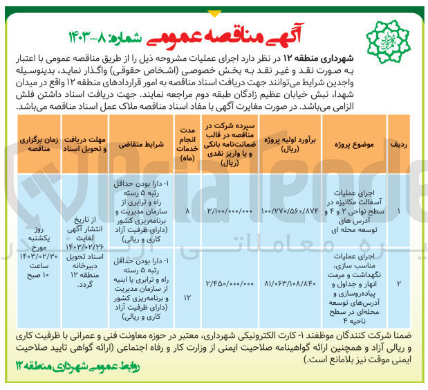 تصویر کوچک آگهی اجرای عملیات آسفالت مکانیزه در سطح نواحی 2 و4 و آدرس های توسعه محله ای 