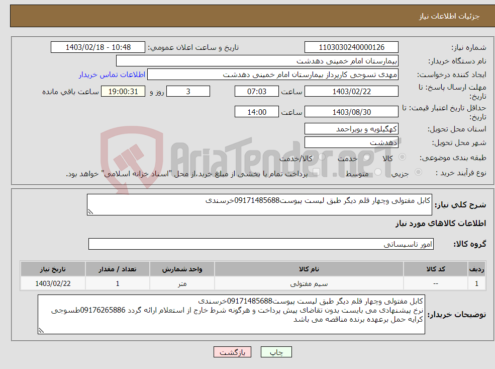 تصویر کوچک آگهی نیاز انتخاب تامین کننده-کابل مفتولی وچهار قلم دیگر طبق لیست پیوست09171485688خرسندی 