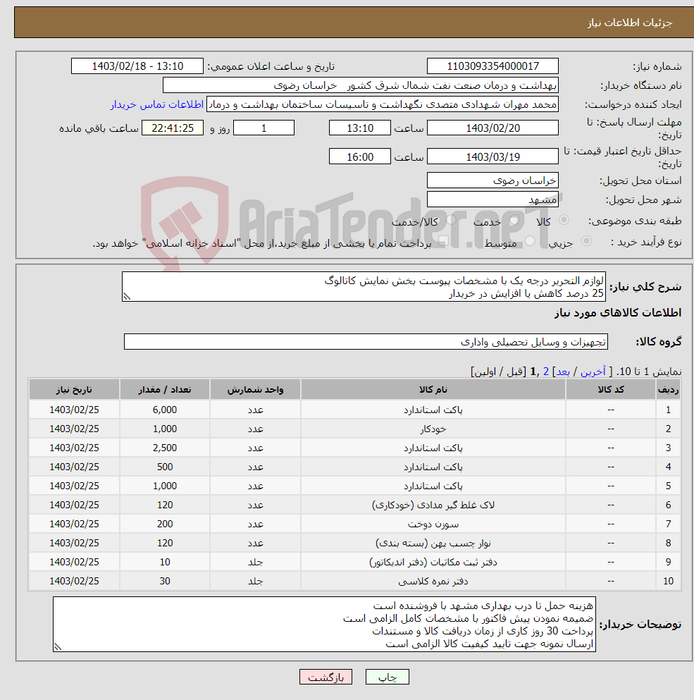 تصویر کوچک آگهی نیاز انتخاب تامین کننده-لوازم التحریر درجه یک با مشخصات پیوست بخش نمایش کاتالوگ 25 درصد کاهش یا افزایش در خریدار 