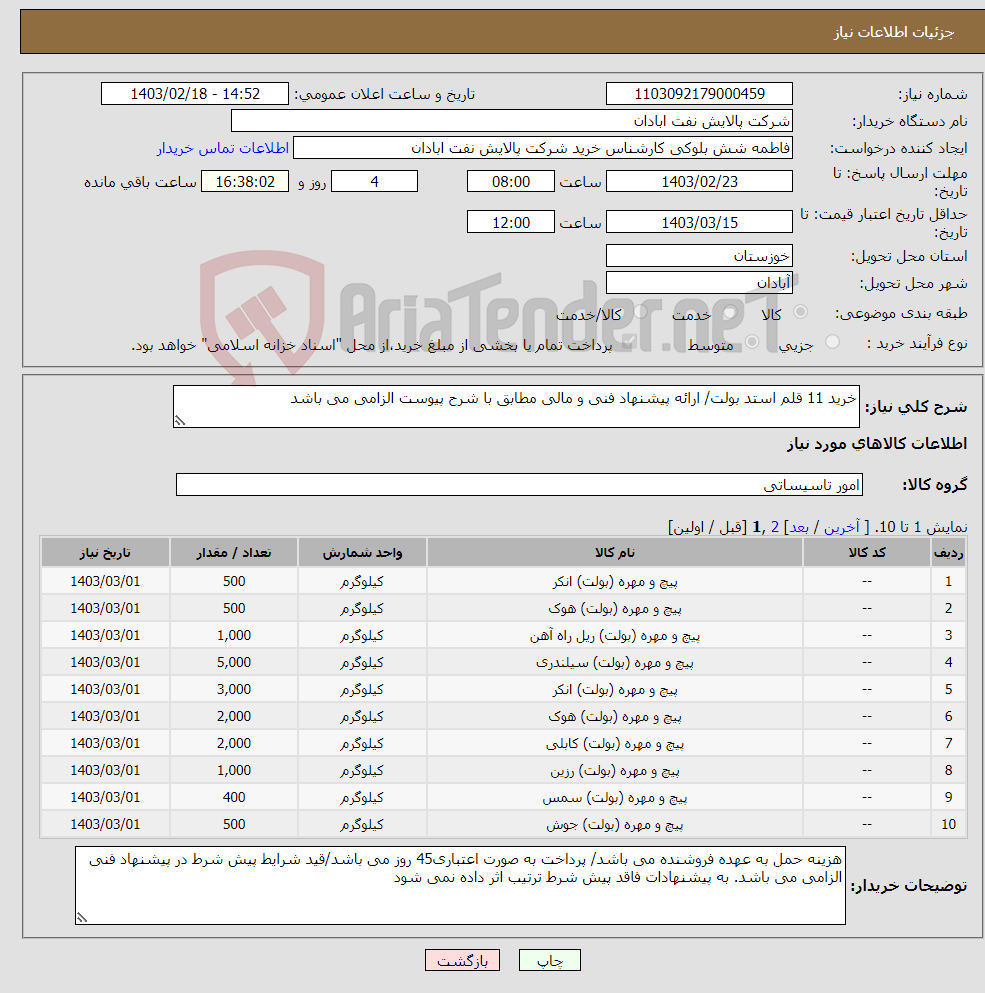 تصویر کوچک آگهی نیاز انتخاب تامین کننده-خرید 11 قلم استد بولت/ ارائه پیشنهاد فنی و مالی مطابق با شرح پیوست الزامی می باشد 