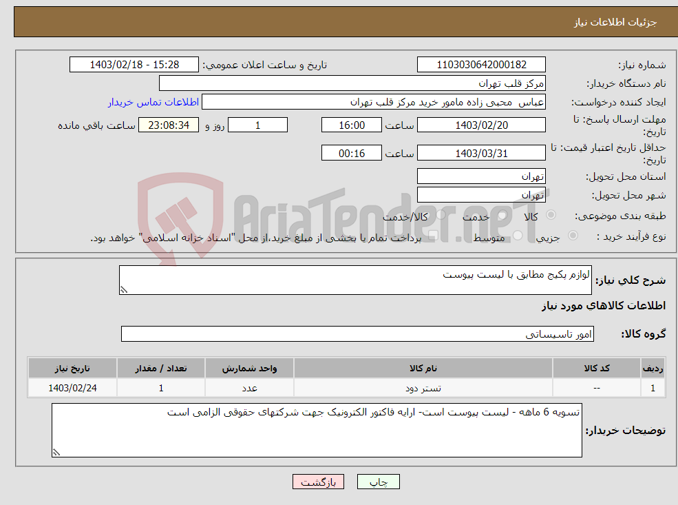 تصویر کوچک آگهی نیاز انتخاب تامین کننده-لوازم پکیج مطابق با لیست پیوست