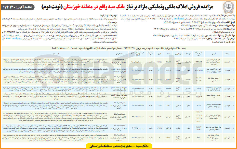 تصویر کوچک آگهی فروش املاک ملکی و تملیکی مازاد بر نیاز بانک سپه 