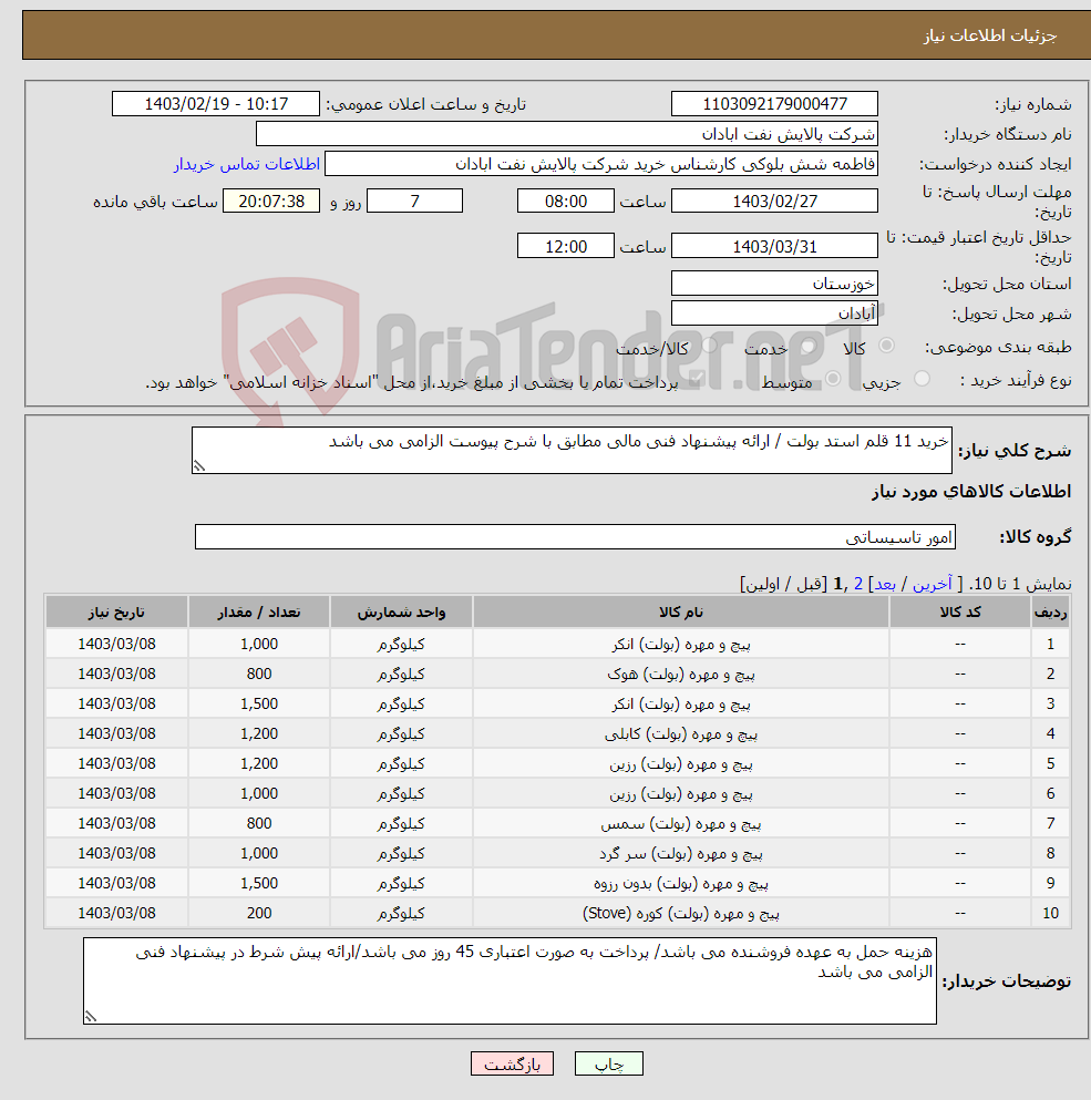 تصویر کوچک آگهی نیاز انتخاب تامین کننده-خرید 11 قلم استد بولت / ارائه پیشنهاد فنی مالی مطابق با شرح پیوست الزامی می باشد